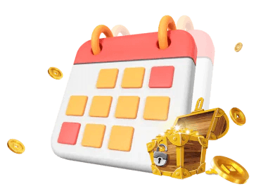 Calendar with a treasure chest of gold below at 6Club